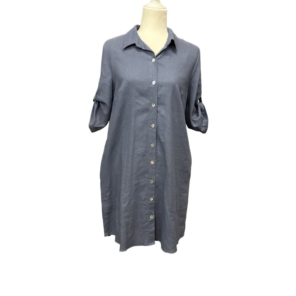 Everlily Button-Down Shirt Dress Roll-Up Sleeves Womens PL Linen Blend Pockets